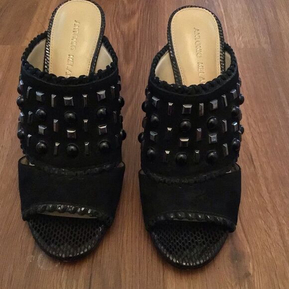 ANTONIO MELANI Black Leather Studded OPEN TOE High Heel MULES Dress SHOES - Picture 2 of 7